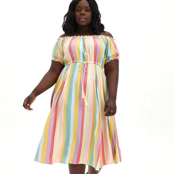 torrid Dresses & Skirts - Torrid 4 (4X 26) Pastel‎ Rainbow Striped Challis Off Shoulder Midi Peasant Dress